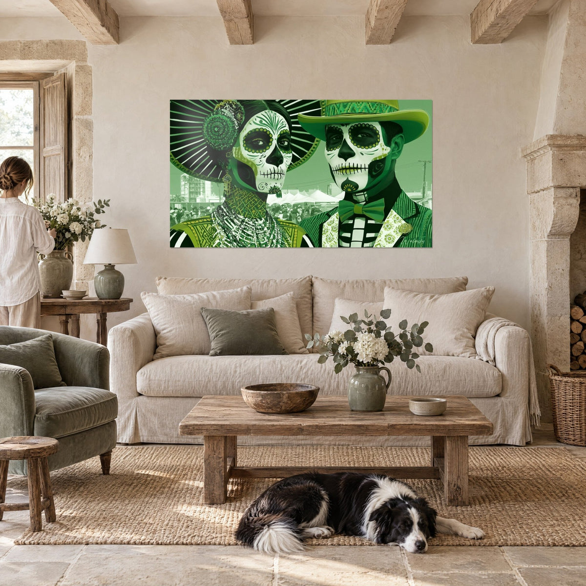 Quadro coppia di scheletri catrina in verde e bianco, sombrero luminoso, sopra un divano in un soggiorno luminoso