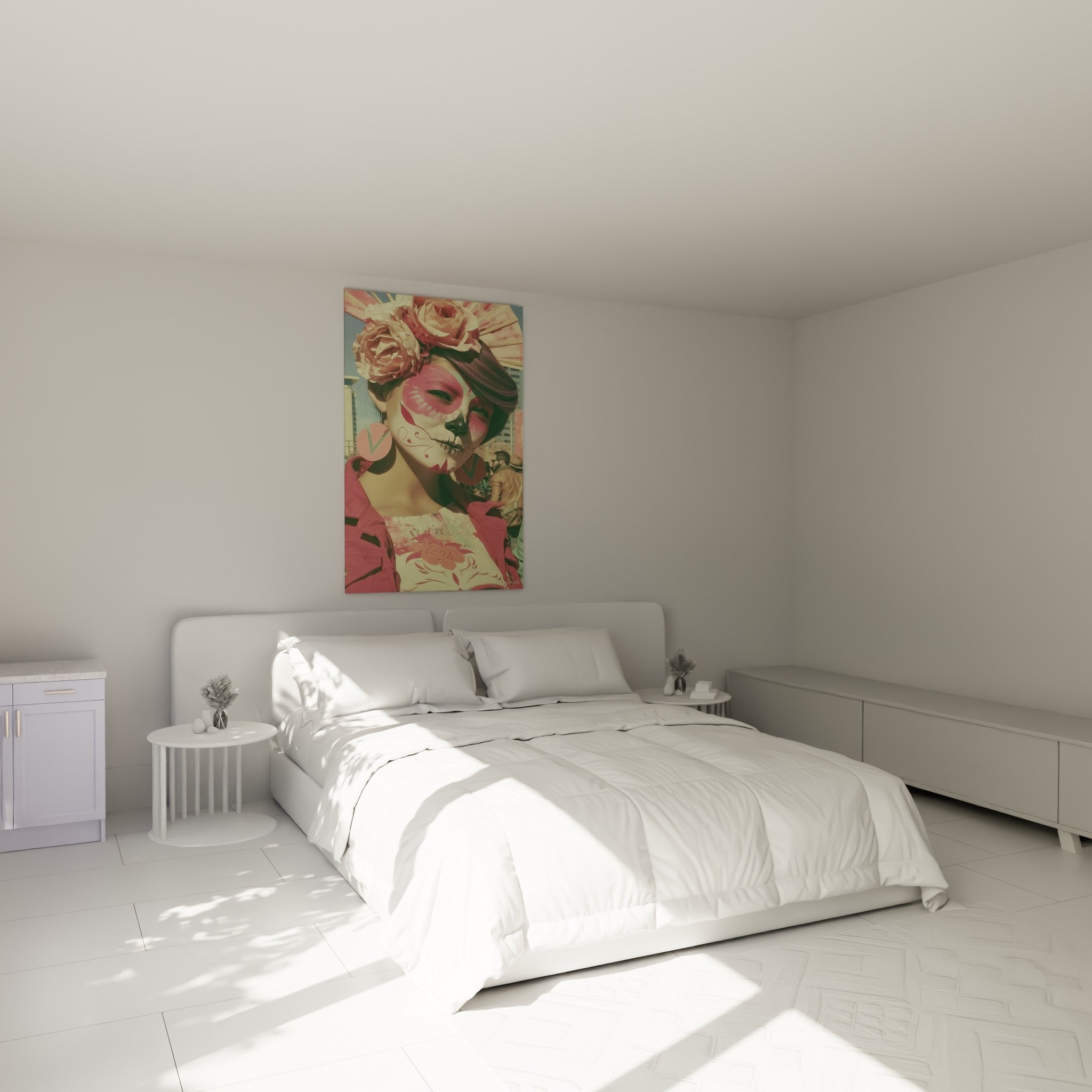 Femme au visage peint en Catrina rose et corail, couronne florale, au-dessus d'un lit dans une chambre claire