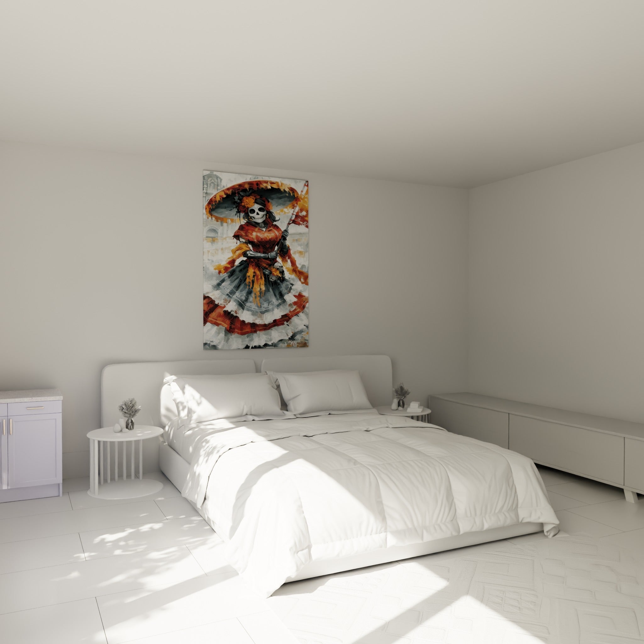 Catrina au sombrero ocre et robe rouge dominant la scène, accrochée au-dessus d'un lit dans une chambre claire