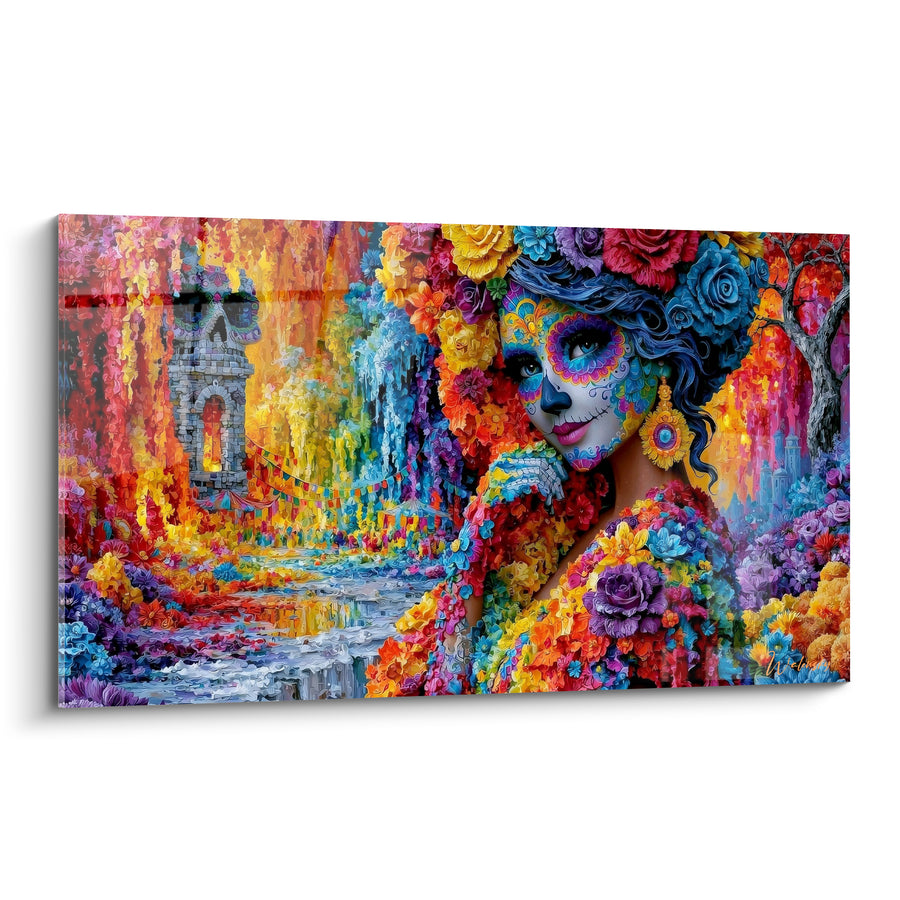 Tableau Catrina fleurie aux teintes bleu et fuchsia - Éveil des âmes - Edition Dia de los Muertos