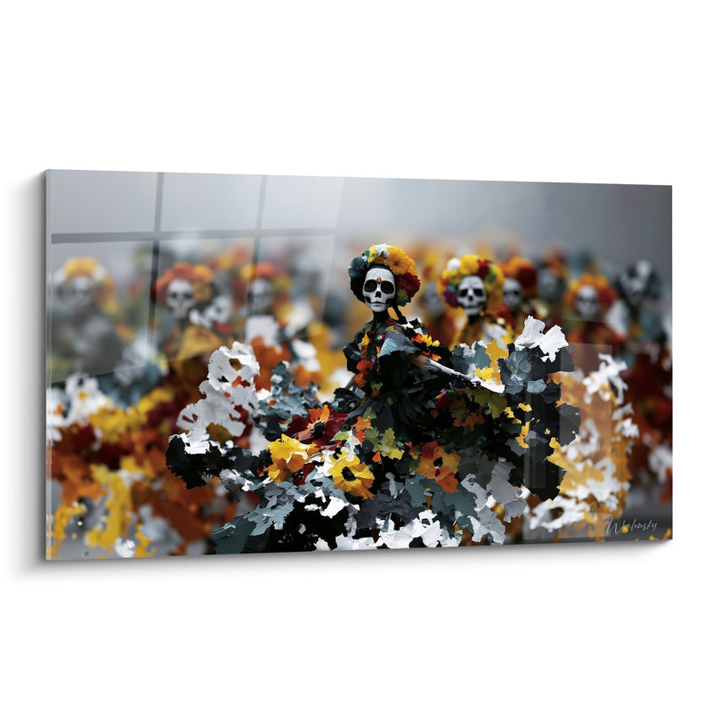 Tableau Catrina noire aux fleurs jaunes safran - Cortège fleuri - Edition Dia de los Muertos