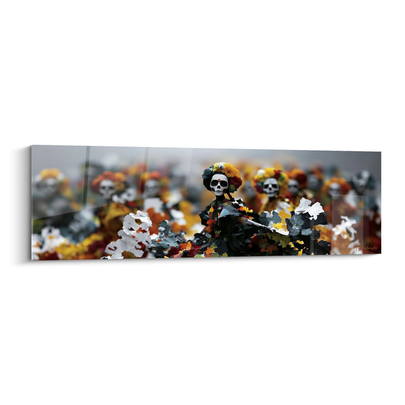 Tableau Crâne blanc et noir à la couronne de fleurs - Silhouette floue en arrière-plan - Edition Dia de los Muertos
