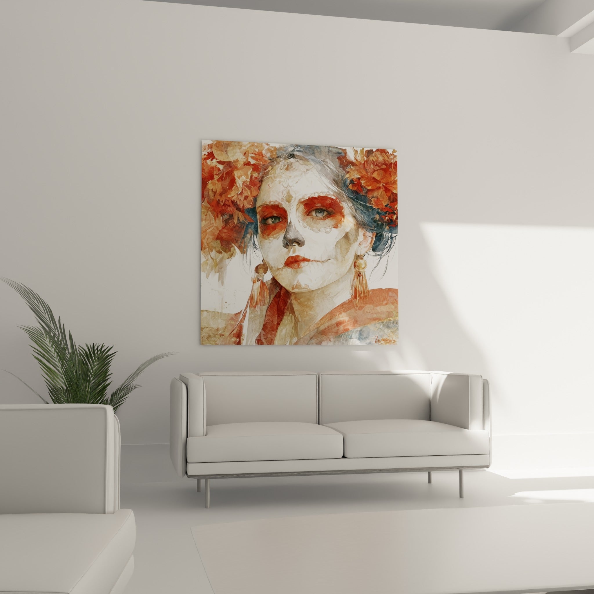 Femme au maquillage blanc et fleurs rouges, tableau Dia de los Muertos suspendu au-dessus d'un canapé dans un salon lumineux