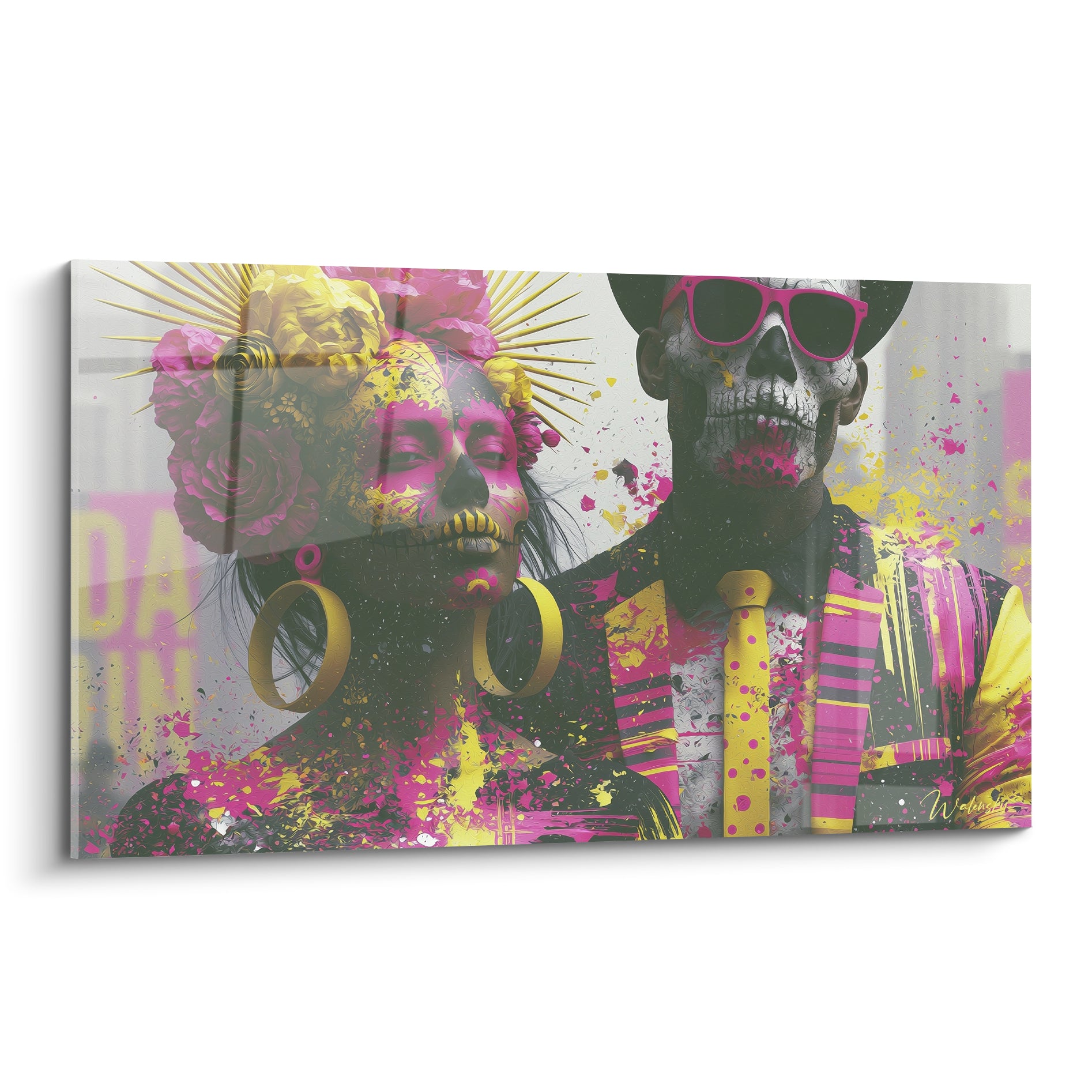Catrina et catrin au maquillage fuchsia et jaune, entourés de fleurs et éclaboussures colorées