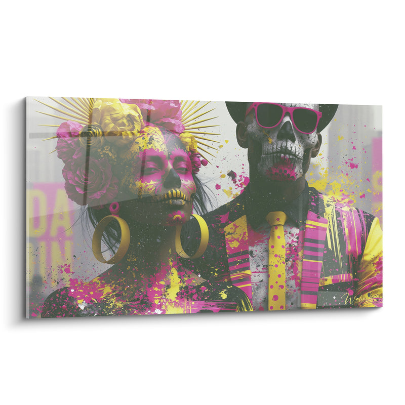 Tableau Couple maquillé aux fleurs roses et jaunes - Rituel festif - Edition Dia de los Muertos