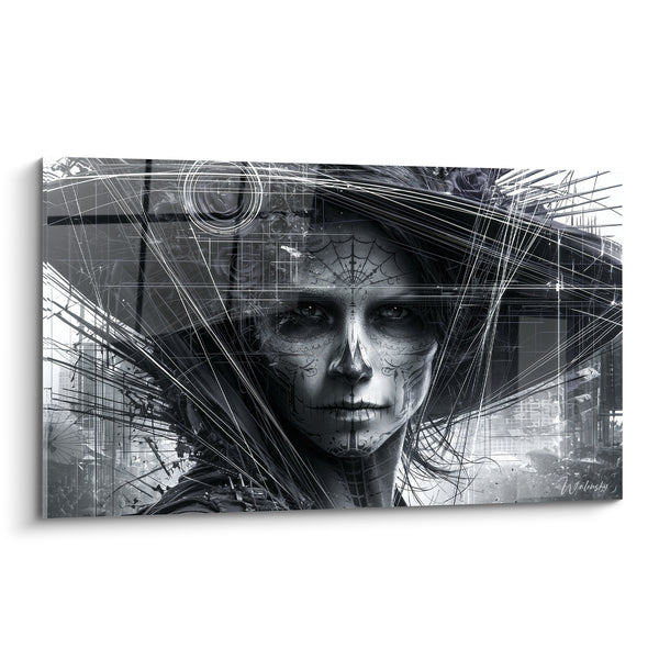 Painting of a Face in Black and White with Wireframe Lines - Hat with Roses - Dia de los Muertos Edition