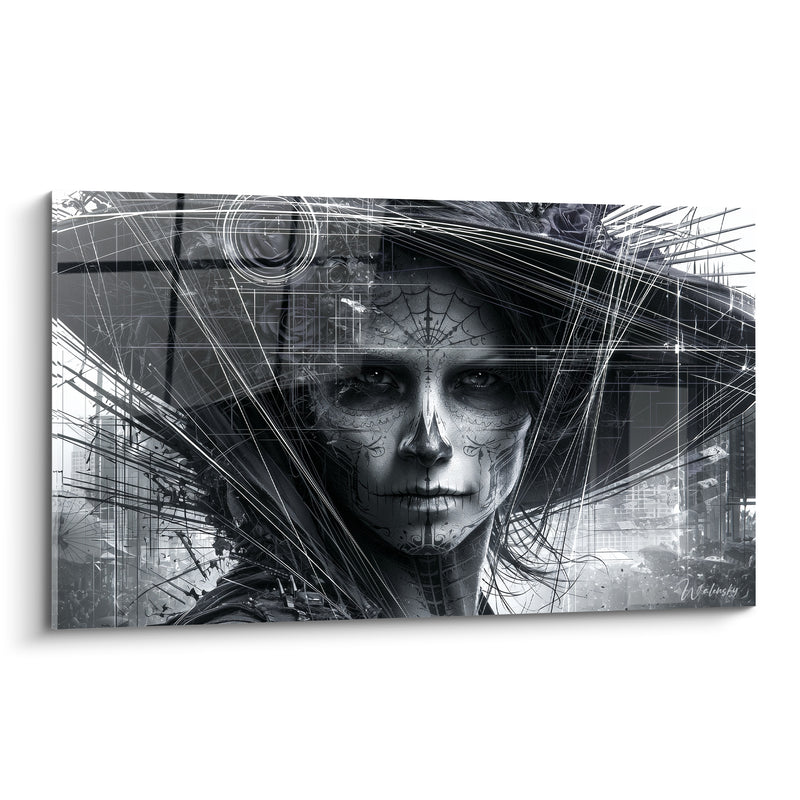Tableau Visage peint noir et blanc aux lignes filaires - Chapeau à roses - Edition Dia de los Muertos