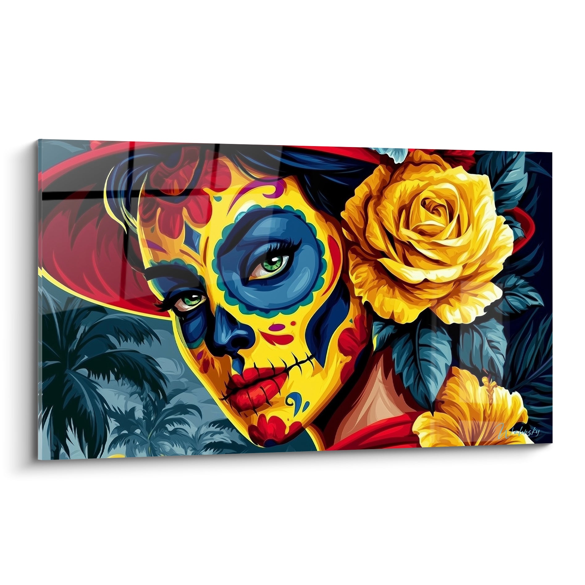 Catrina Dia de los Muertos au visage jaune et bleu marine, rose dorée et chapeau rouge