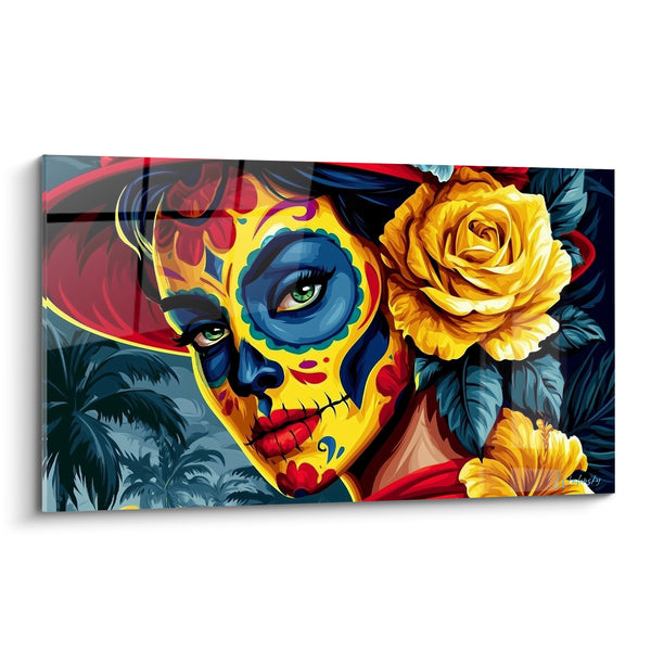 Painting Face painted yellow and blue with nocturnal palm trees - Emerald green eyes - Dia de los Muertos Edition