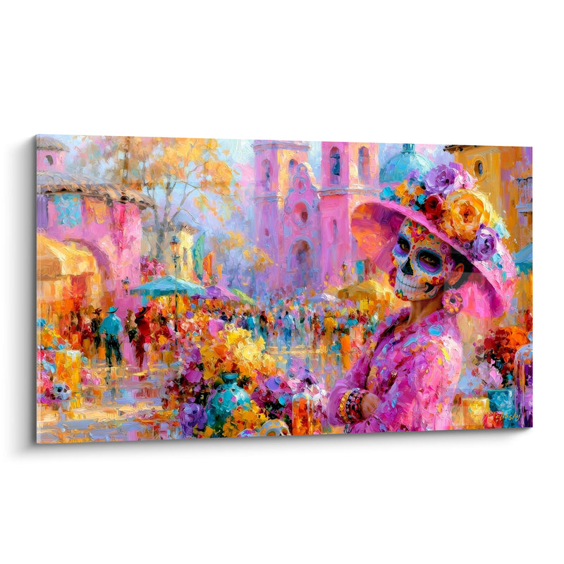 Tableau Catrina rose et jaune au grand chapeau fleuri - Place de la cathédrale animée - Edition Dia de los Muertos