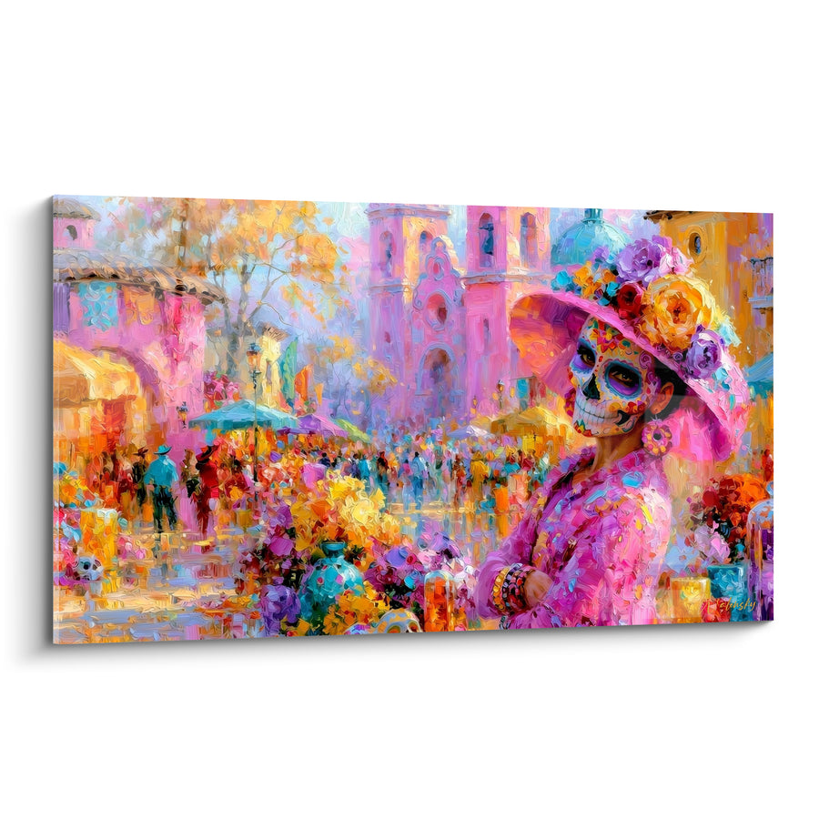 Tableau Catrina rose et jaune au grand chapeau fleuri - Place de la cathédrale animée - Edition Dia de los Muertos