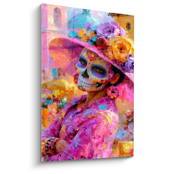 Catrina Painting with Pink and Purple Flowered Hat - Vibrant Celebration - Dia de los Muertos Edition
