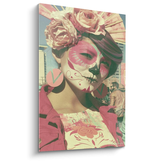 Gemälde Gesicht bemalt in Rosa und Elfenbein mit riesigen Rosen - Ohrringe in Form eines Häkchens - Dia de los Muertos Edition