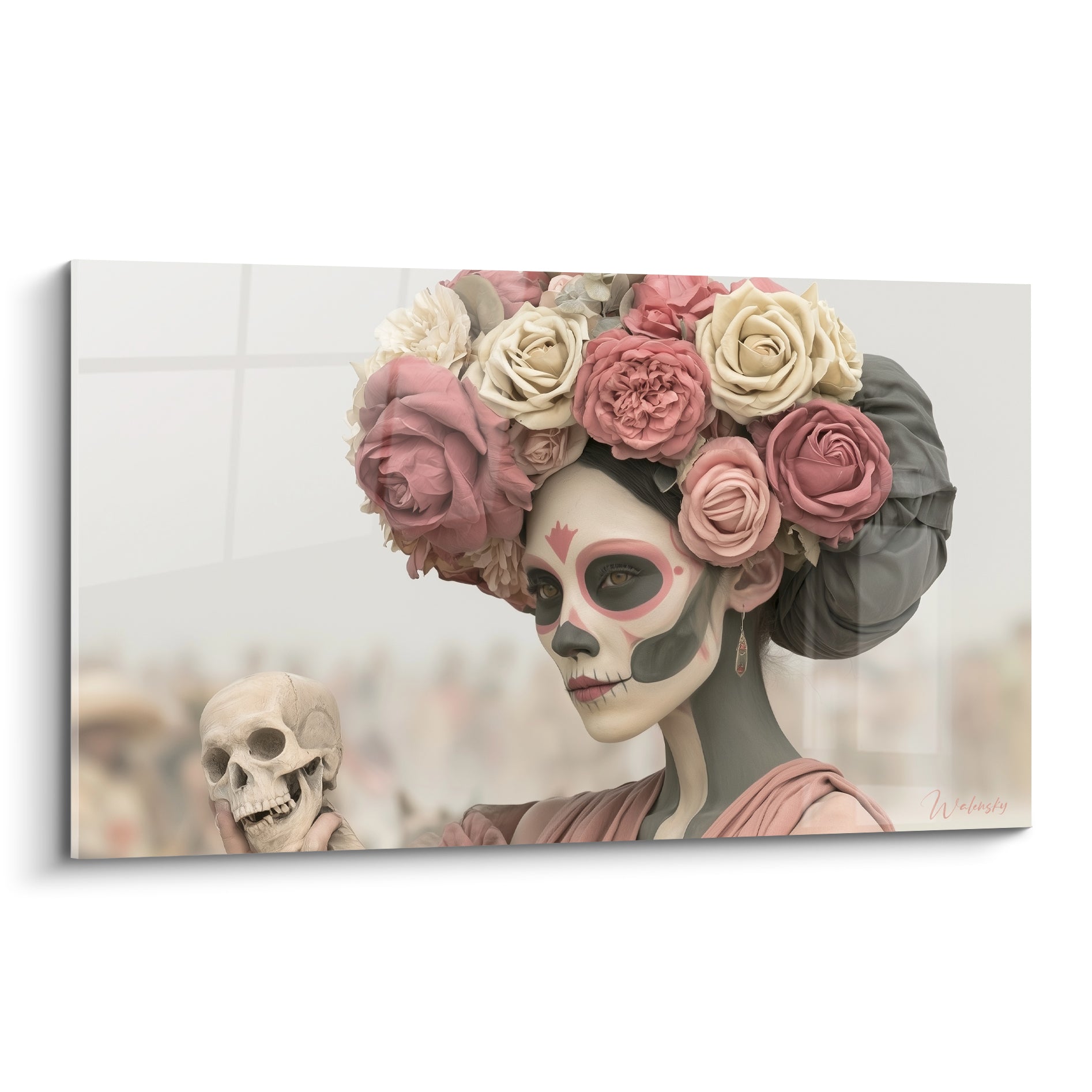 Catrina aux roses rose poudré et ivoire tenant un crâne, tableau Dia de los Muertos raffiné