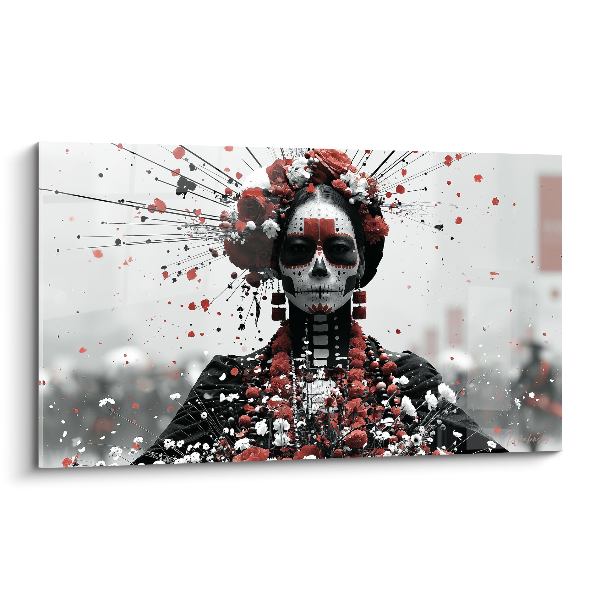 Catrina au maquillage crânien blanc et rouge, coiffe de roses écarlates sur fond noir et blanc éclaboussé