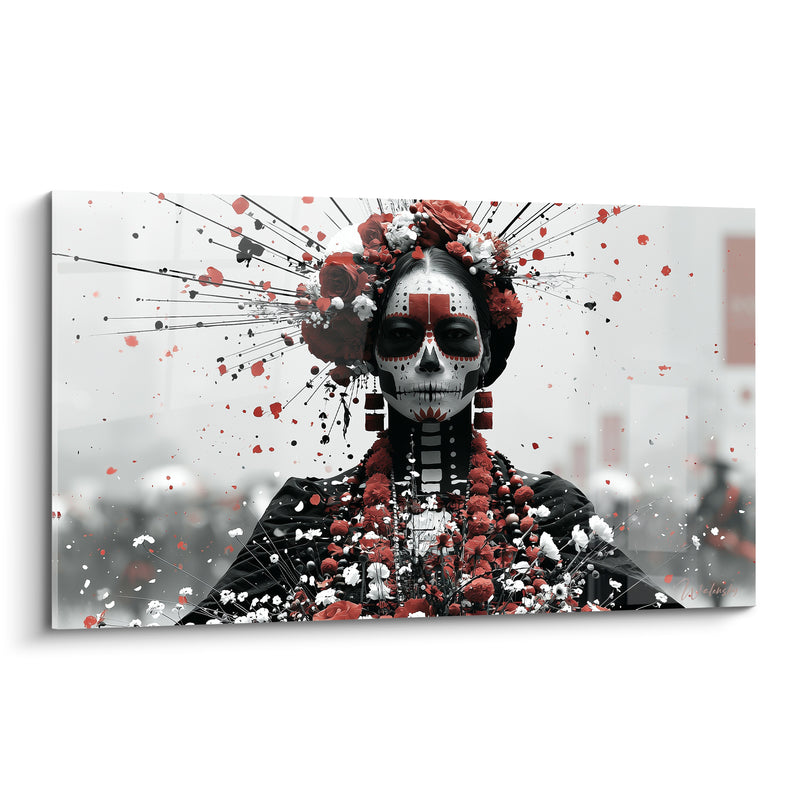 Tableau Visage peint noir et rouge aux rayons éclatés - Collier de perles rondes - Edition Dia de los Muertos