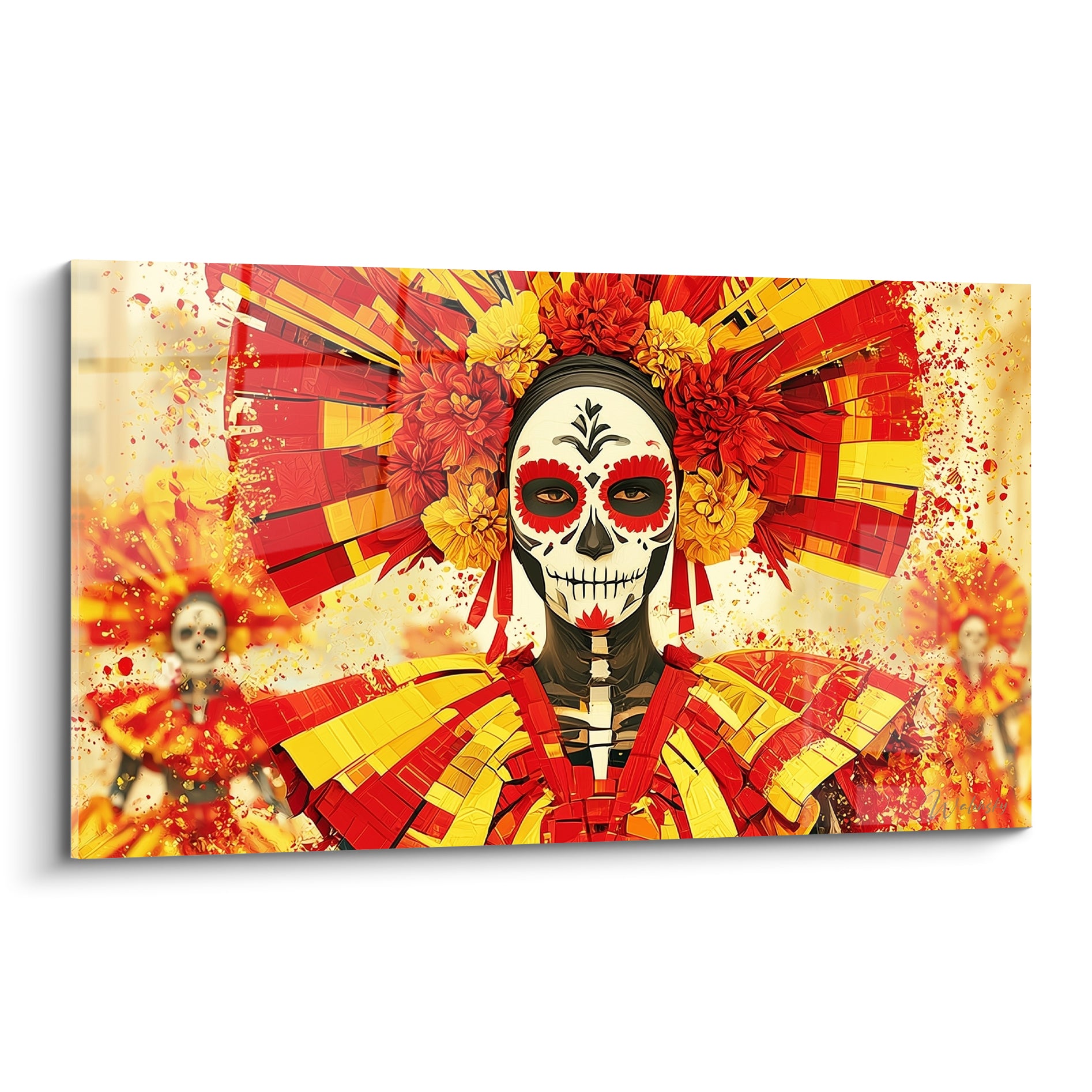 Catrina Dia de los Muertos au visage peint blanc, coiffe fleurie rouge et jaune éclatante