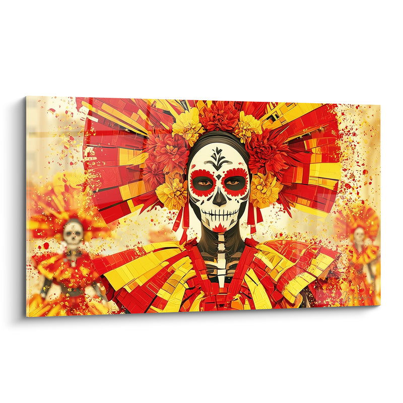 Tableau Catrina rouge et jaune à la coiffe fleurie - Célébration ancestrale - Edition Dia de los Muertos