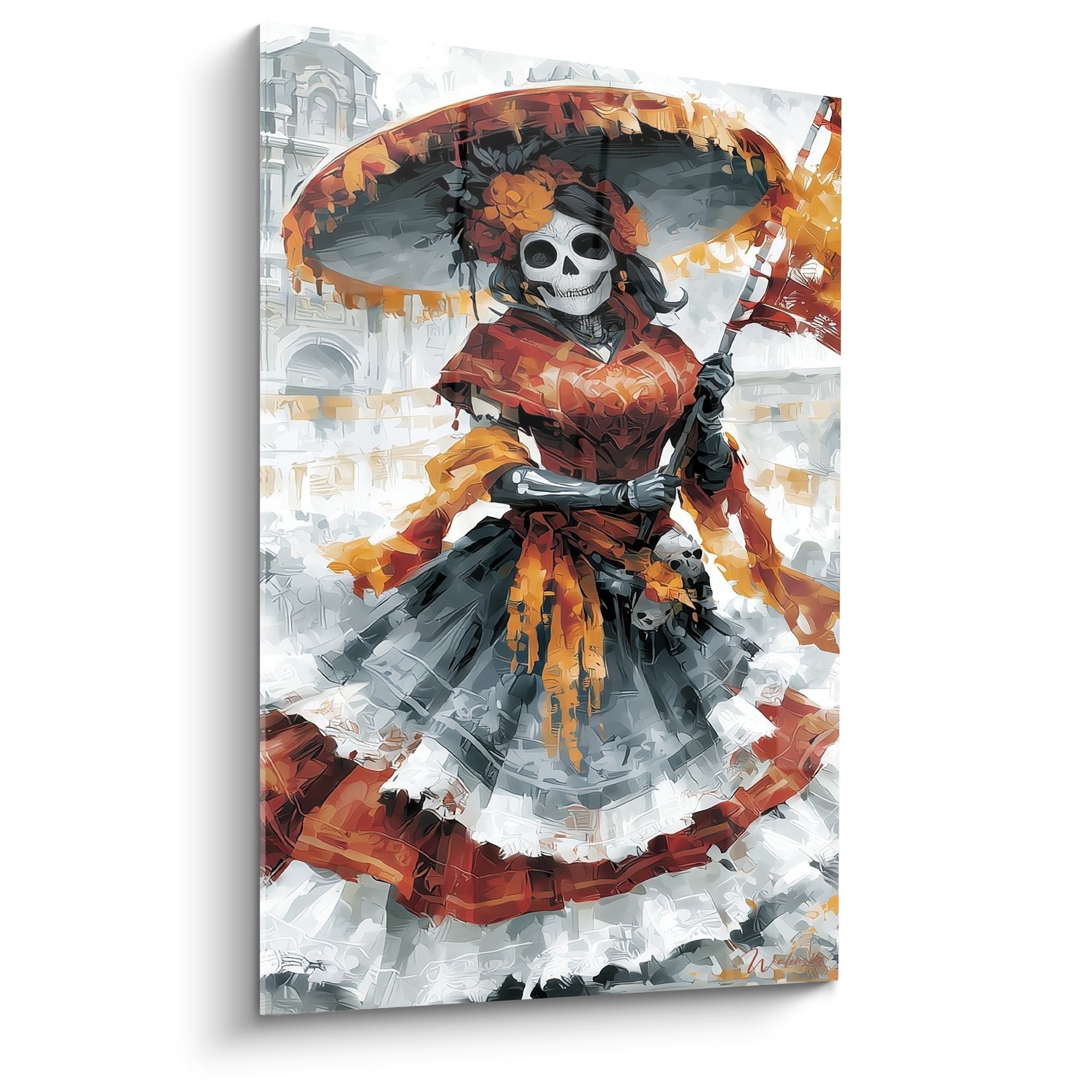 Catrina en robe rouge et jupe grise brandissant un drapeau ocre, sombrero fleuri, style peinture gestuelle