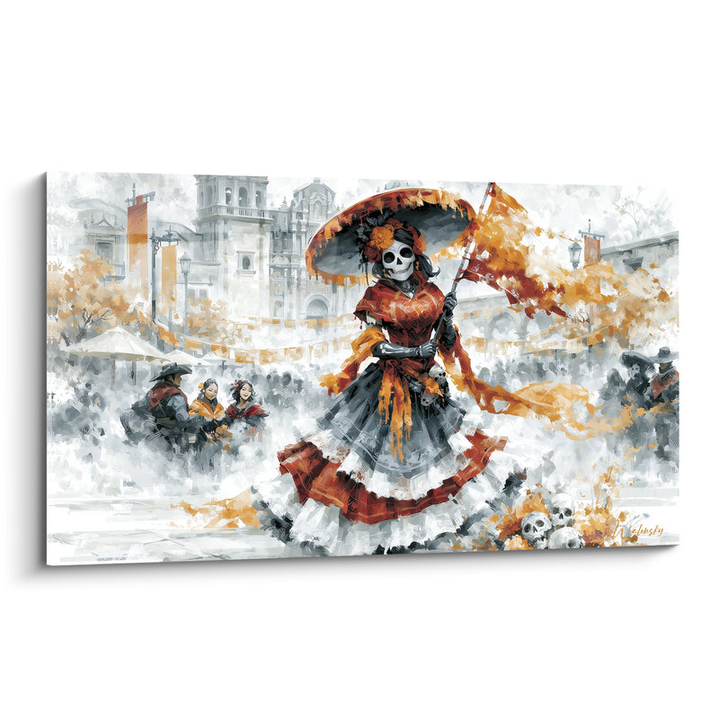 Tableau Catrina rouge et orange à la bannière drapée - Place de la cathédrale - Edition Dia de los Muertos