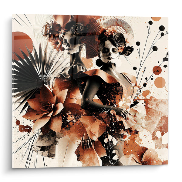 Catrina terracotta and black with flowers painting - Dance of souls - Dia de los Muertos Edition