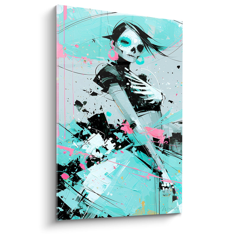 Tableau Catrina turquoise et rose éclaboussée - Danse effrénée - Edition Dia de los Muertos