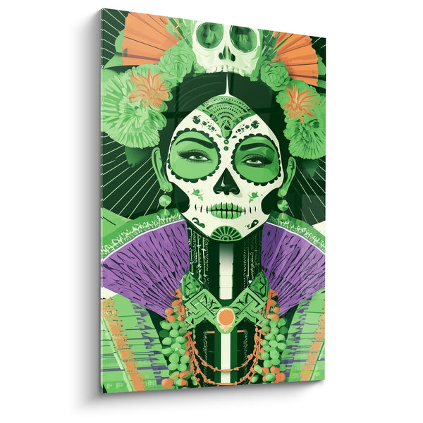 Painting Face painted green and orange with a small skull - Purple fans unfolded - Dia de los Muertos Edition