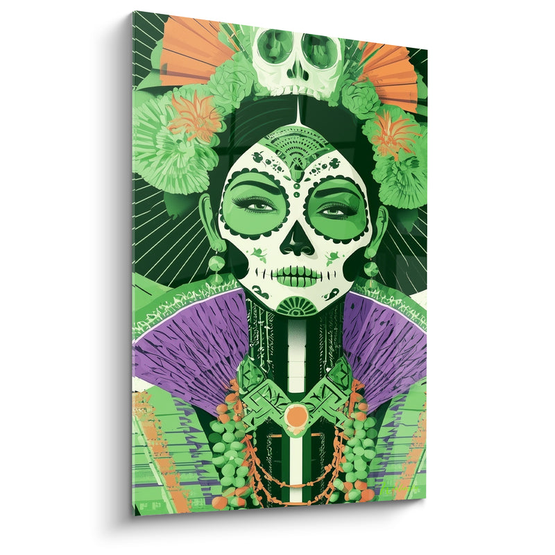 Tableau Visage peint vert et orange au petit crâne - Éventails violets déployés - Edition Dia de los Muertos