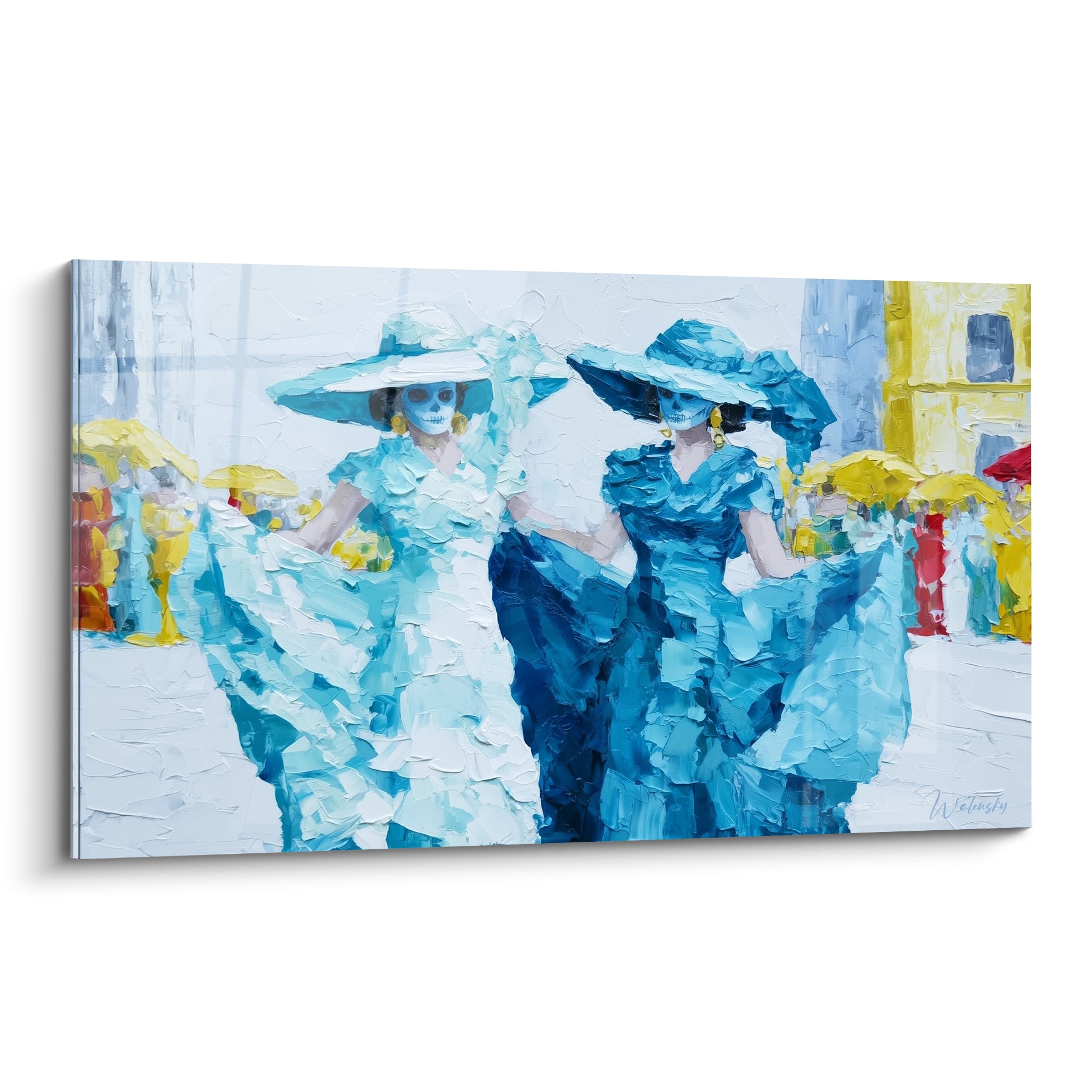 Catrinas Dia de los Muertos en robes bleu nuit et blanc crème, empâtements texturés au couteau