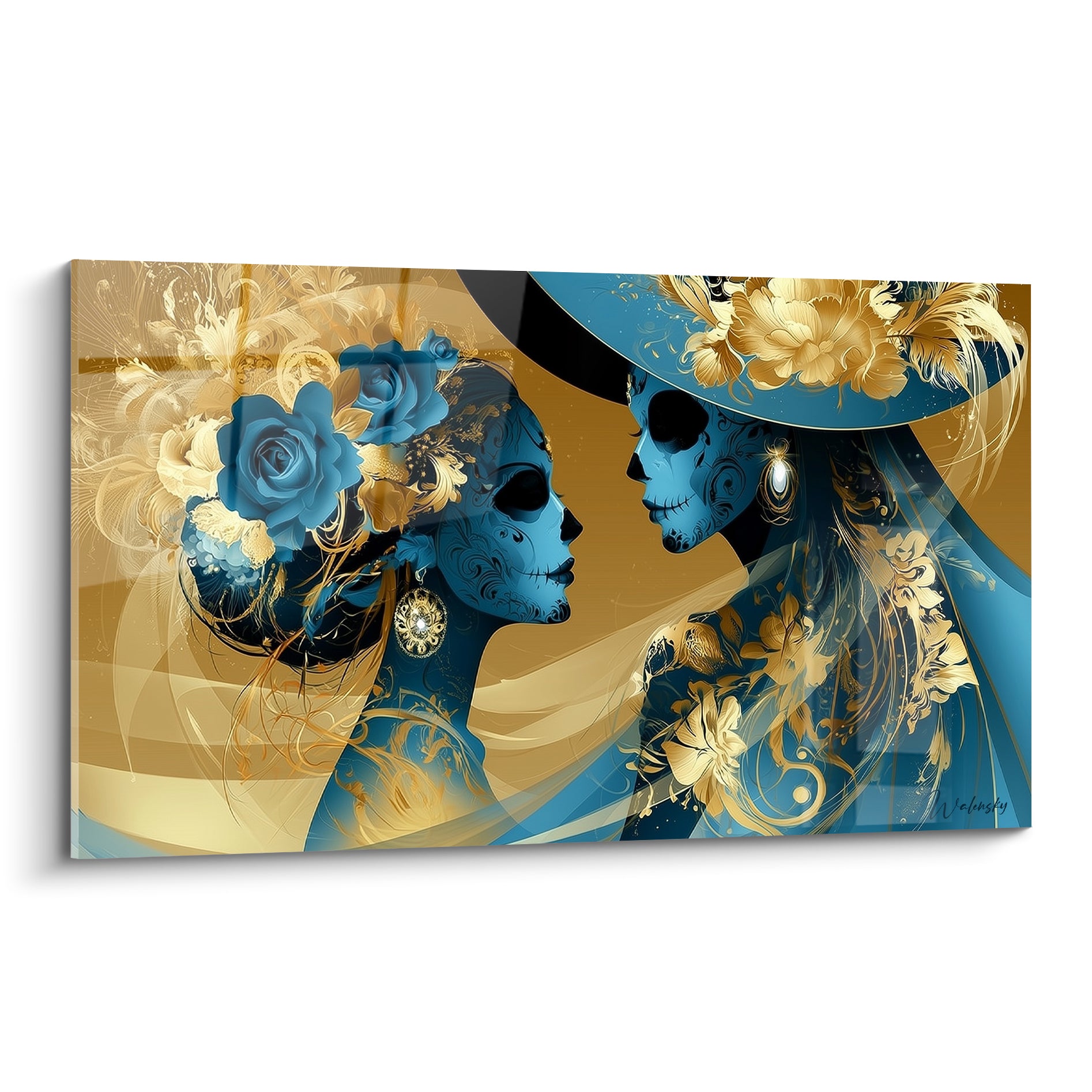 Deux Catrinas bleu et doré se font face, ornées de roses et de fleurs sur fond ocre.