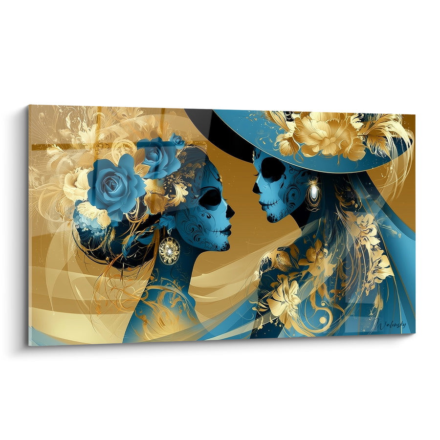 Tableau Duo de crânes bleu et or au chapeau à plumes - Boucle d'oreille en larme - Edition Dia de los Muertos