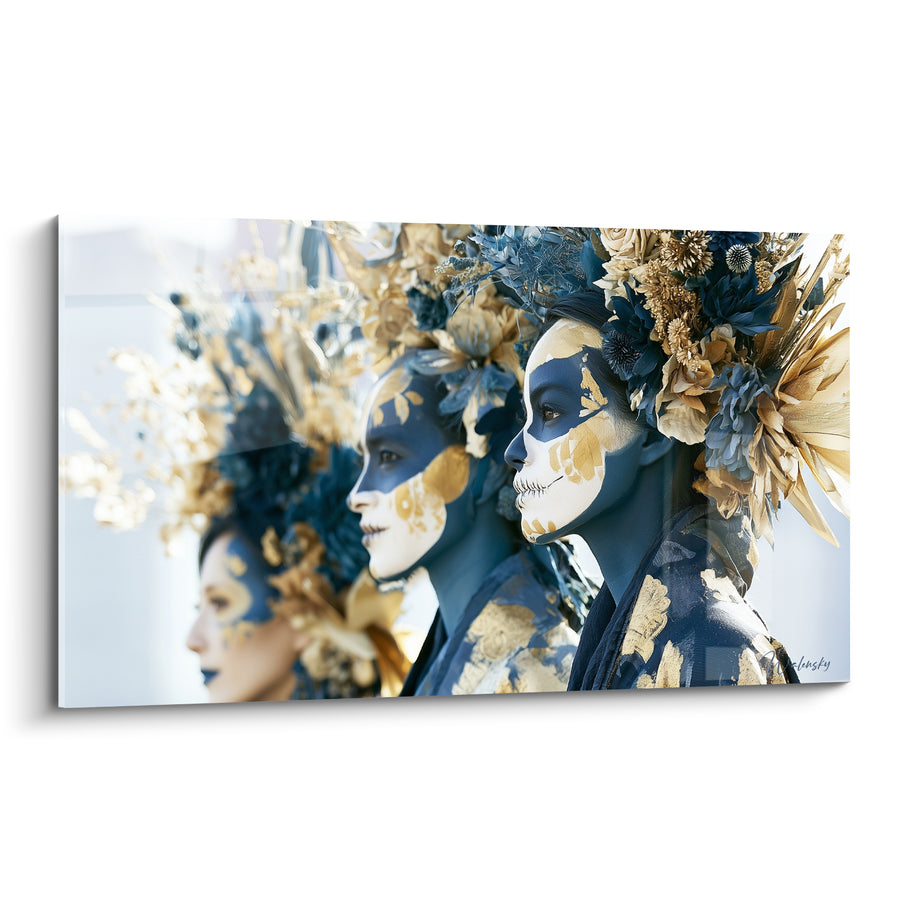 Tableau Profils peints bleu marine et doré à couronne florale - Alignement des profils - Edition Dia de los Muertos