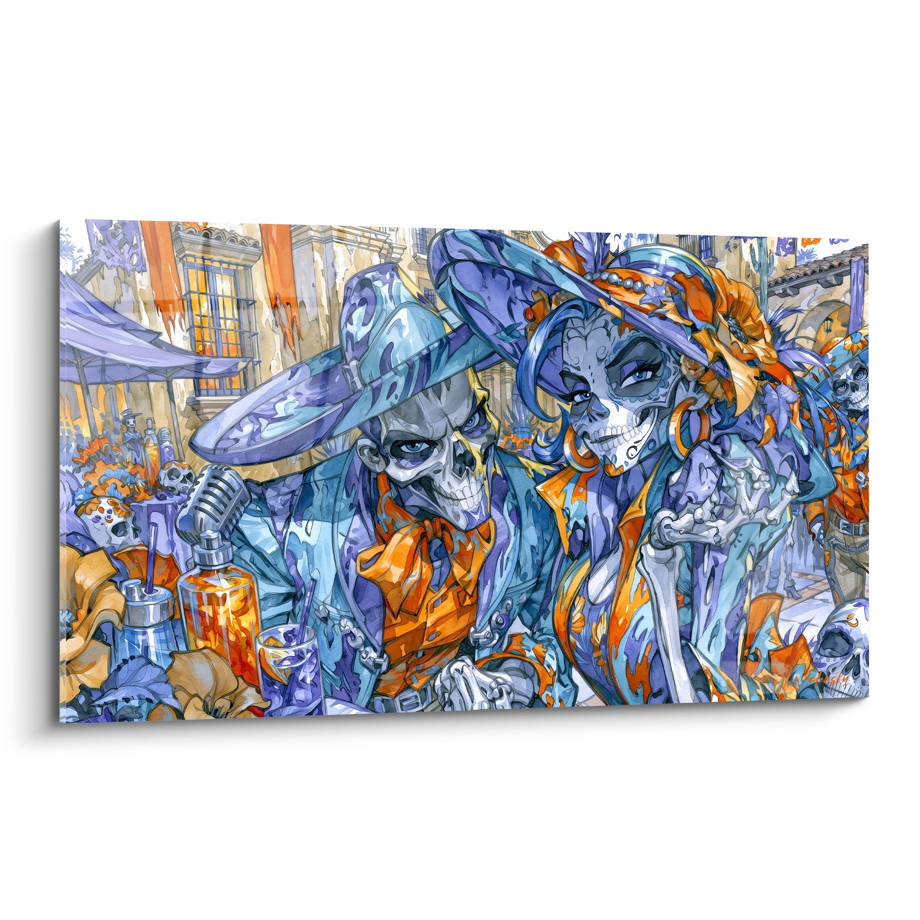 Squelettes maquillés en bleu marine et orange brûlé, chapeaux fleuris, scène de rue mexicaine peinte