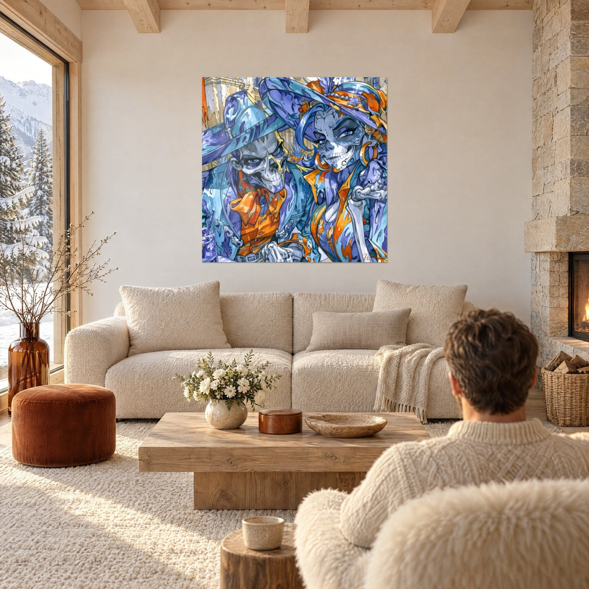 Tableau couple de calaveras en chapeaux bleus, foulard orange vif, deux silhouettes de dos, au-dessus d'un canapé dans un salon lumineux