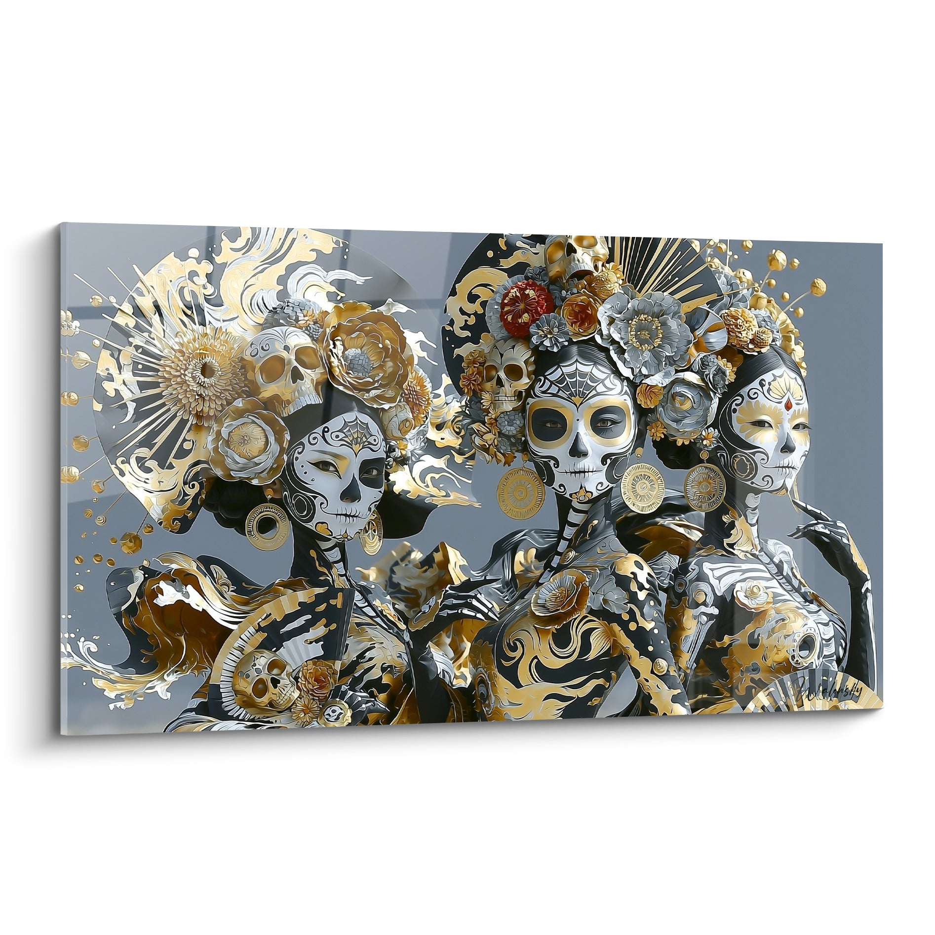 Trois catrinas dorées et anthracite aux visages peints, fleurs argentées et coiffe cérémonielle