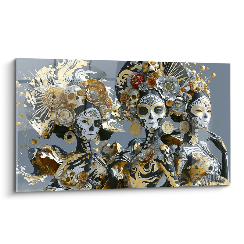 Tableau Trois catrinas dorées aux fleurs argentées - Rituel funéraire doré - Edition Dia de los Muertos
