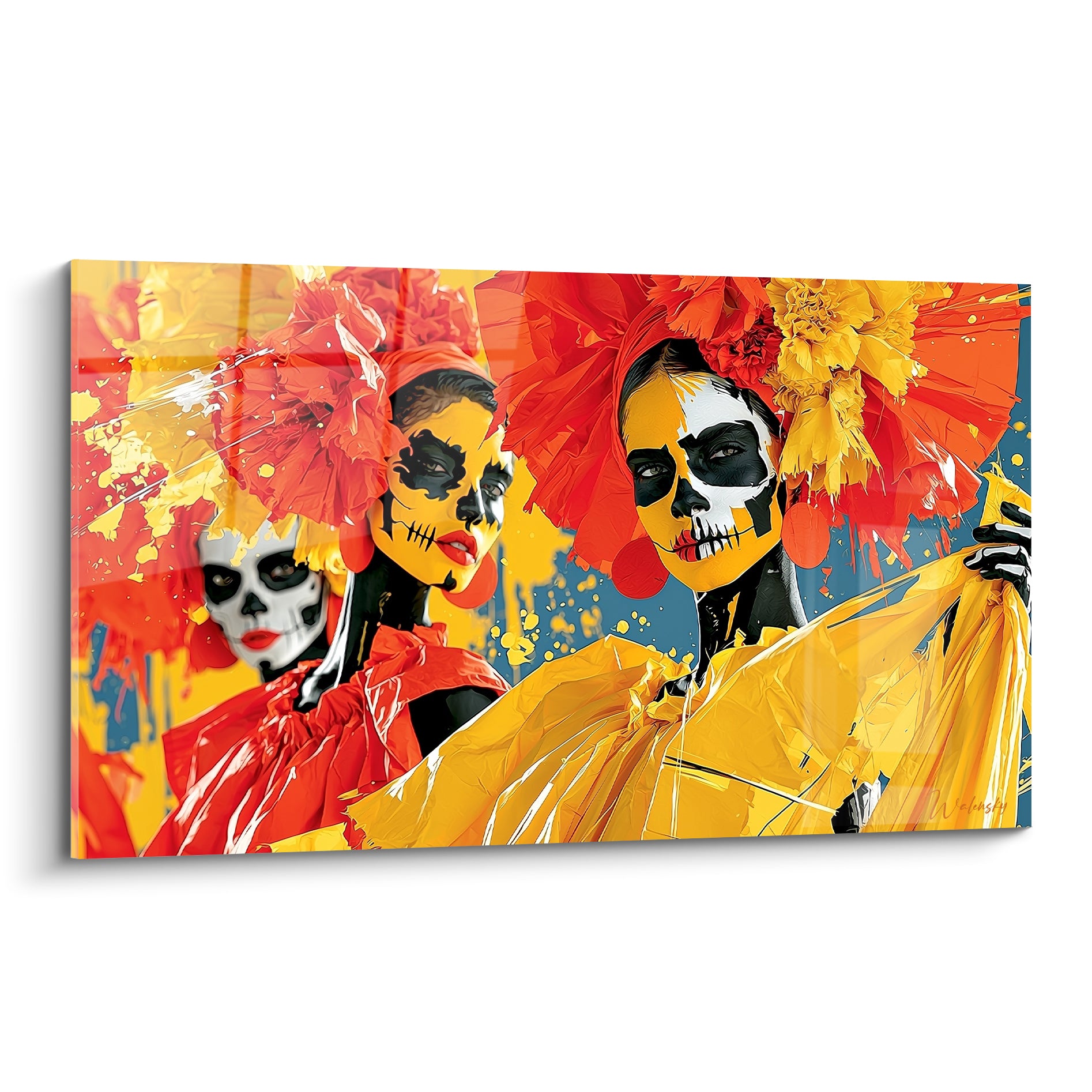 Catrinas jaune et rouge au maquillage crâne, coiffées de fleurs, style Dia de los Muertos éclatant