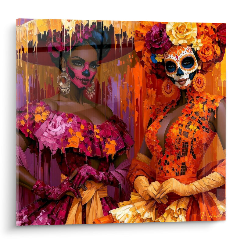 Tableau Duo de catrinas magenta et orange aux roses ruisselantes - Gantes longs dorés - Edition Dia de los Muertos