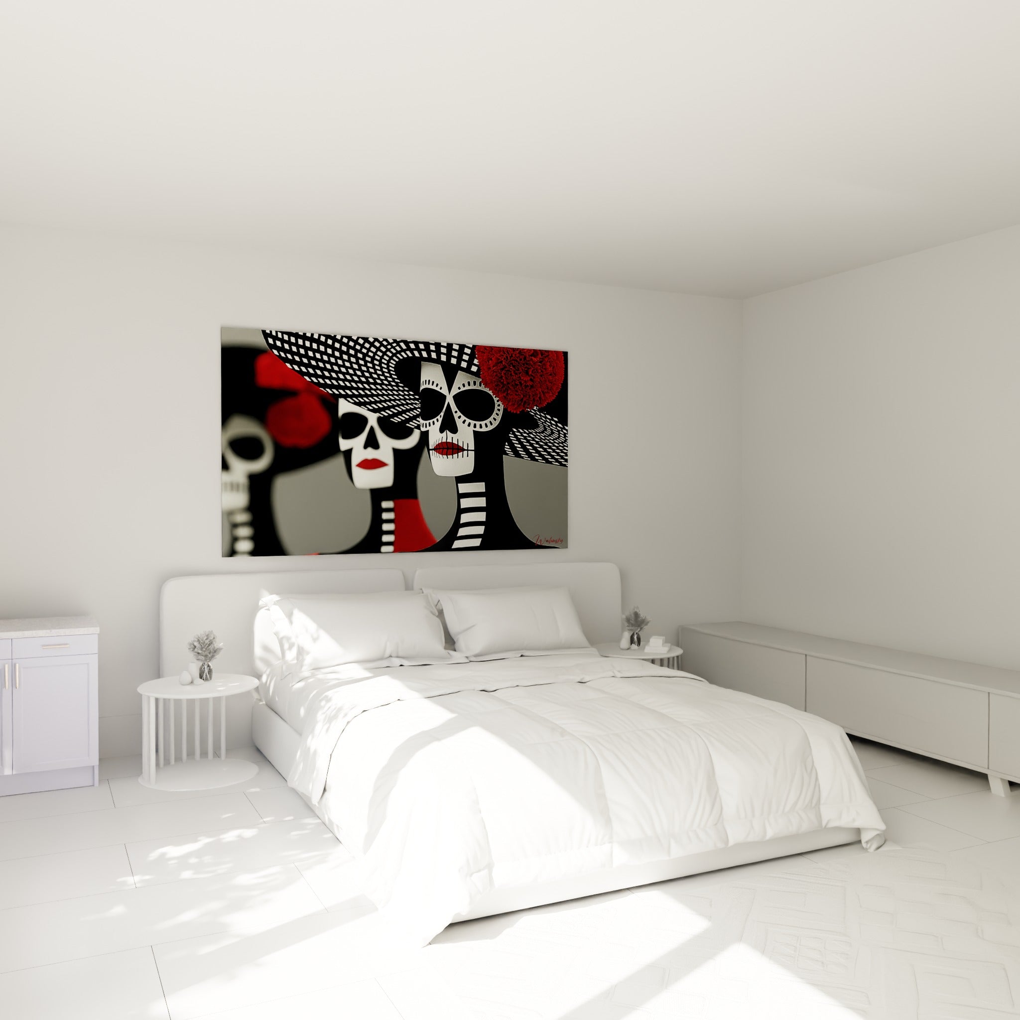 Crânes Dia de los Muertos rouge et noir, silhouettes féminines, au-dessus d'un lit dans une chambre claire