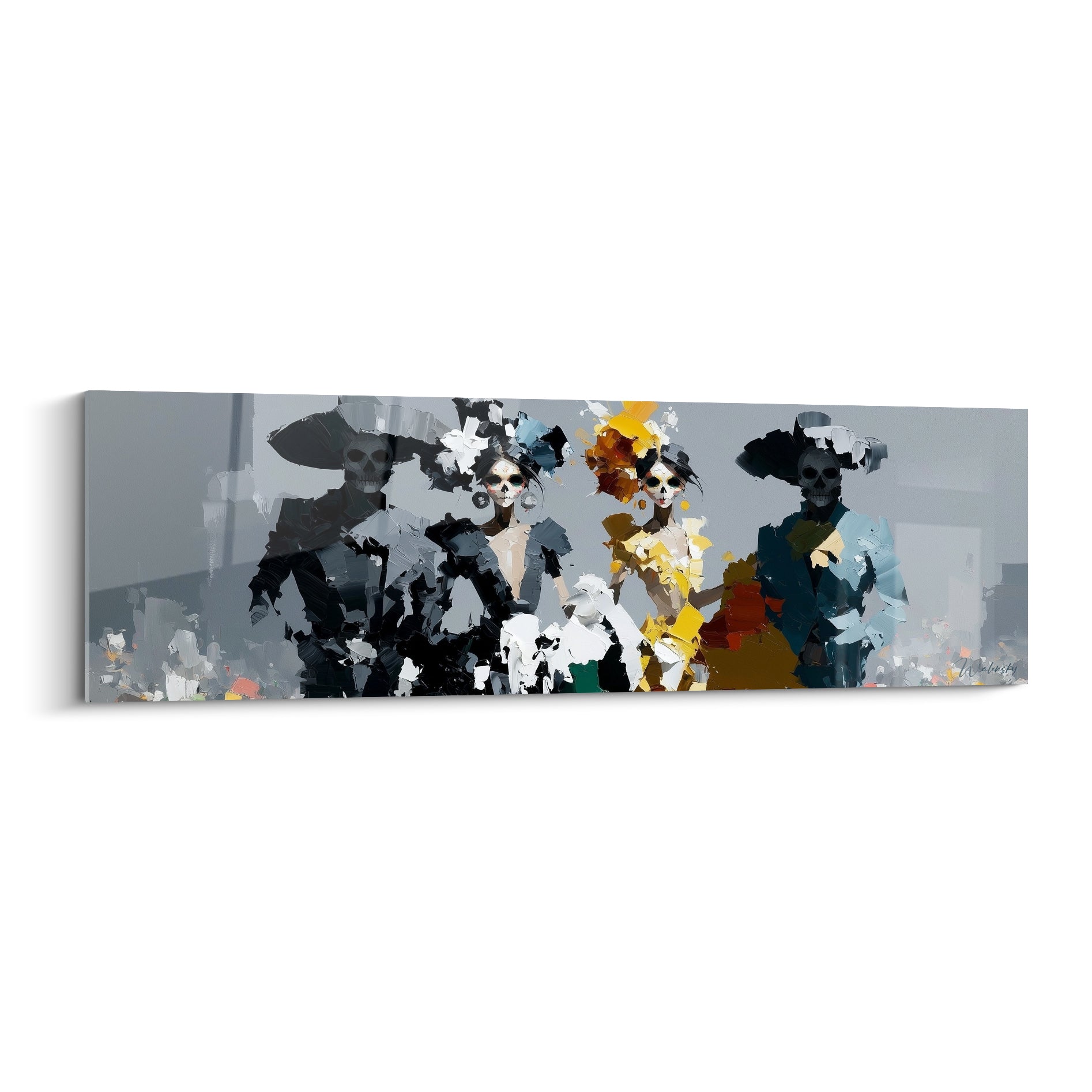 Quatre silhouettes Dia de los Muertos en anthracite et ocre, visages peints en crânes mexicains
