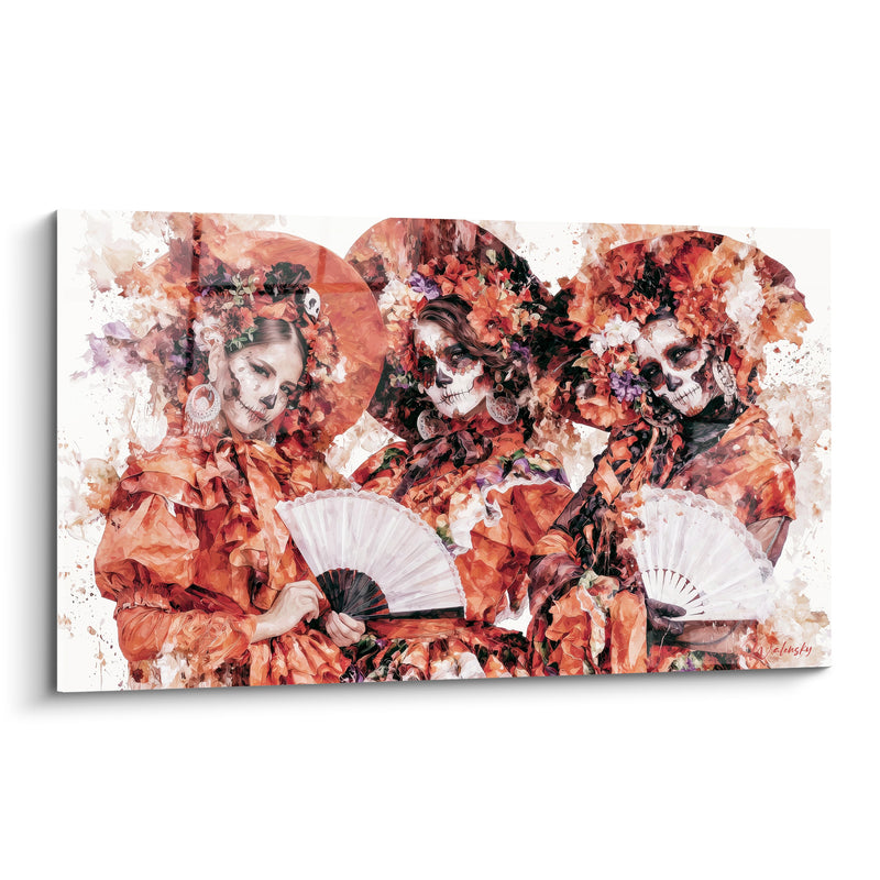 Tableau Trio de catrinas orange et blanc aux éventails ouverts - Chapeaux fleuris démesurés - Edition Dia de los Muertos