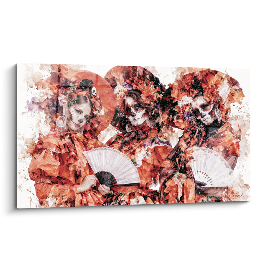 Tableau Trio de catrinas orange et blanc aux éventails ouverts - Chapeaux fleuris démesurés - Edition Dia de los Muertos