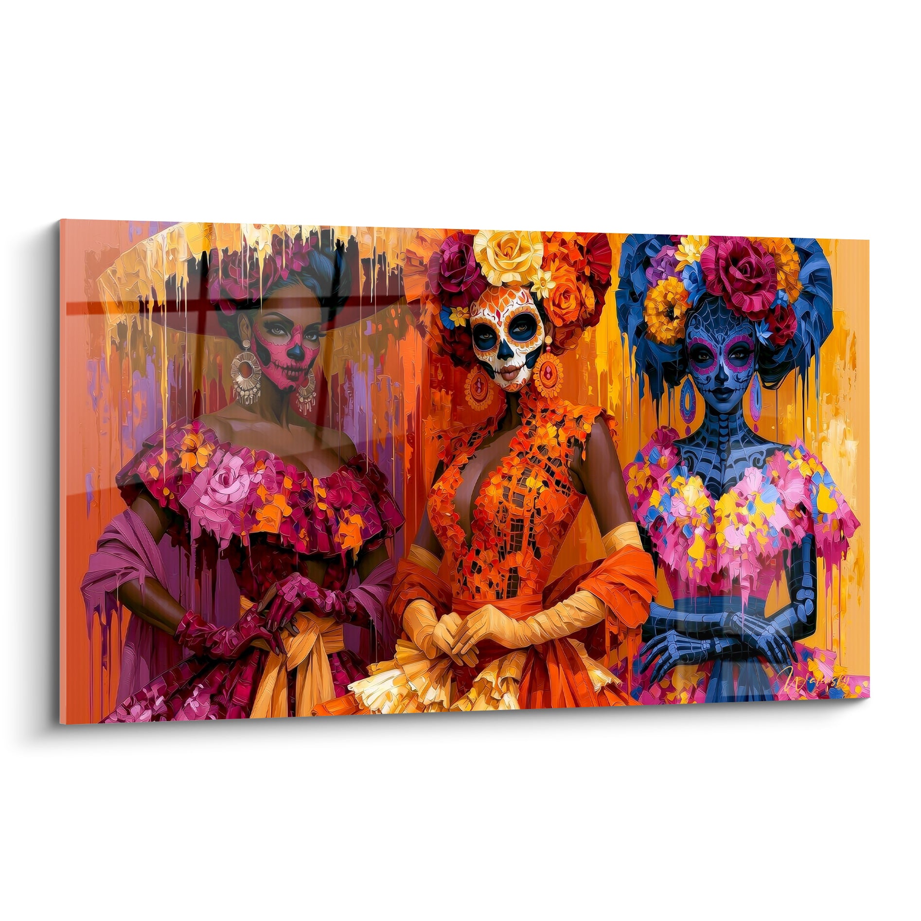 Tableau Dia de los Muertos, trois catrinas au maquillage orange, rose et bleu marine fleuries