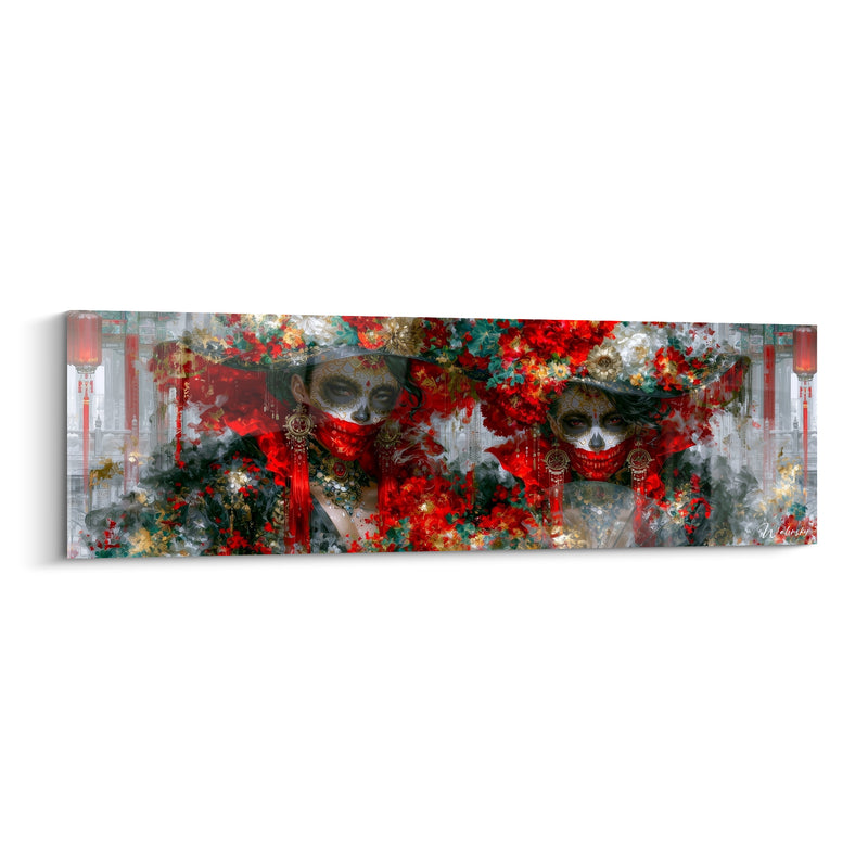 Tableau Duo de visages rouge et ivoire aux foulards noués - Lanternes en arrière-plan - Edition Dia de los Muertos