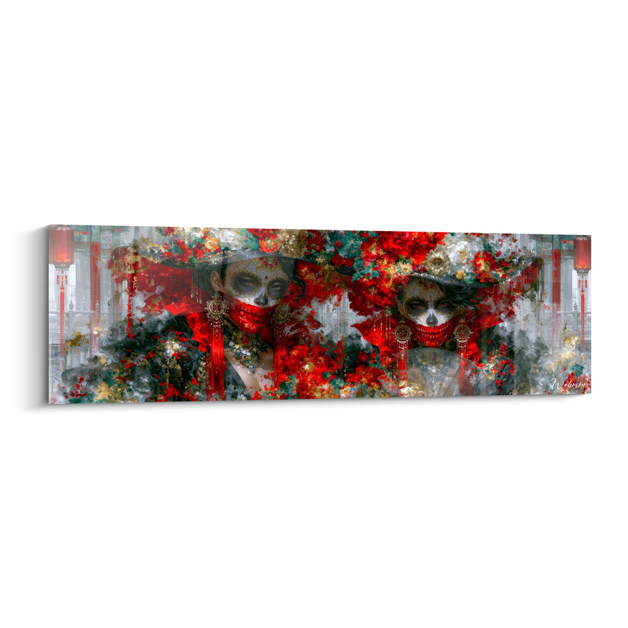Tableau Duo de visages rouge et ivoire aux foulards noués - Lanternes en arrière-plan - Edition Dia de los Muertos