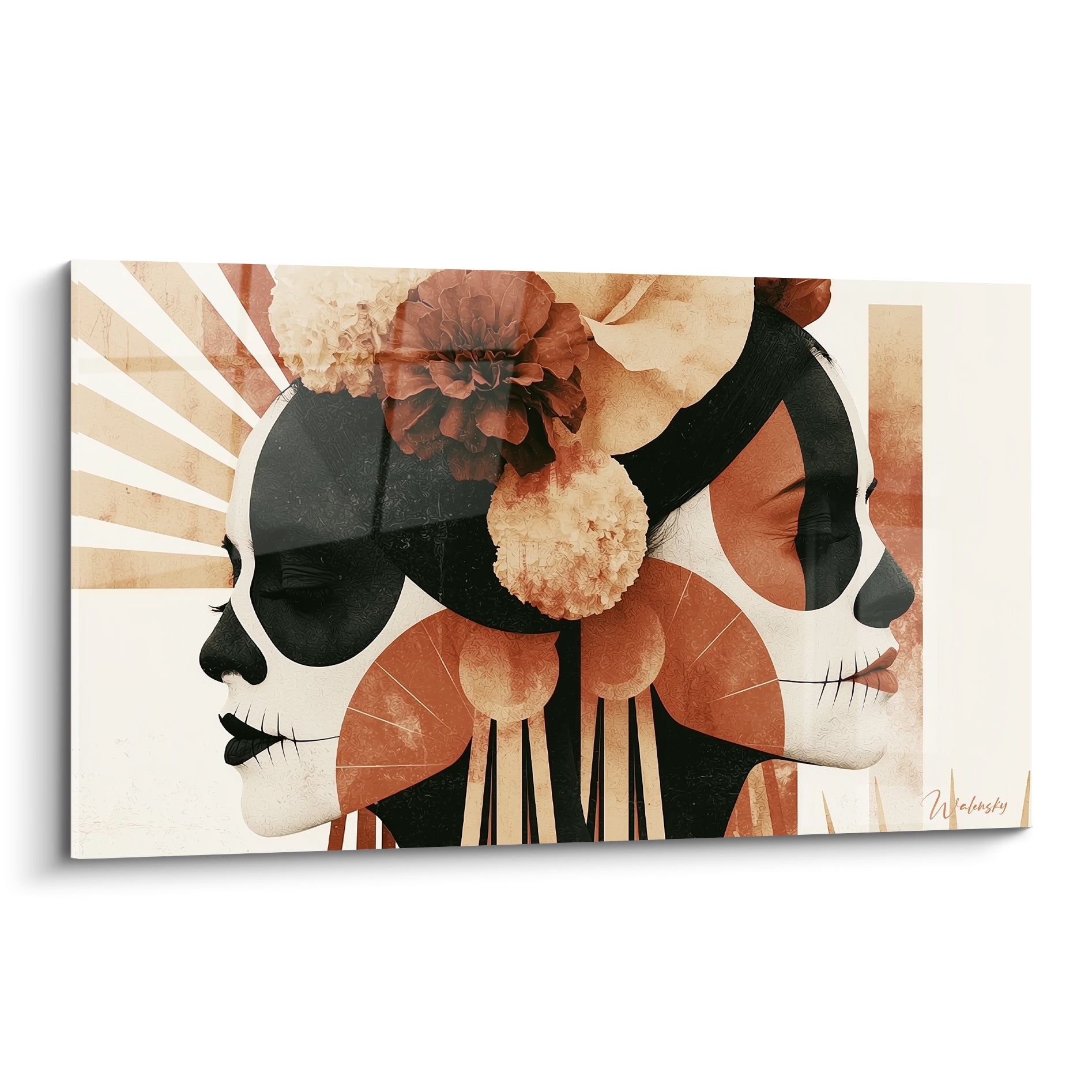 Catrinas Dia de los Muertos en miroir, terracotta et anthracite, fleurs et rayons stylisés
