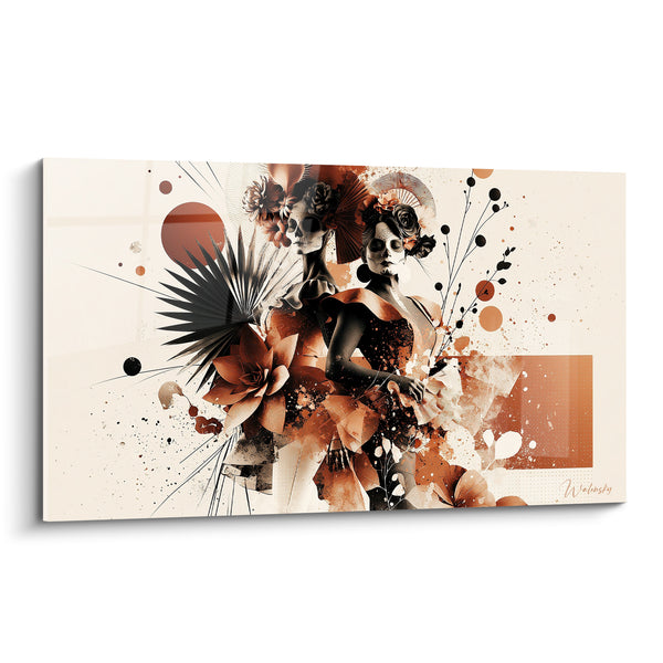 Tableau Duo of Catrinas terracotta and black with fan - Silhouettes in crumpled dress - Dia de los Muertos Edition