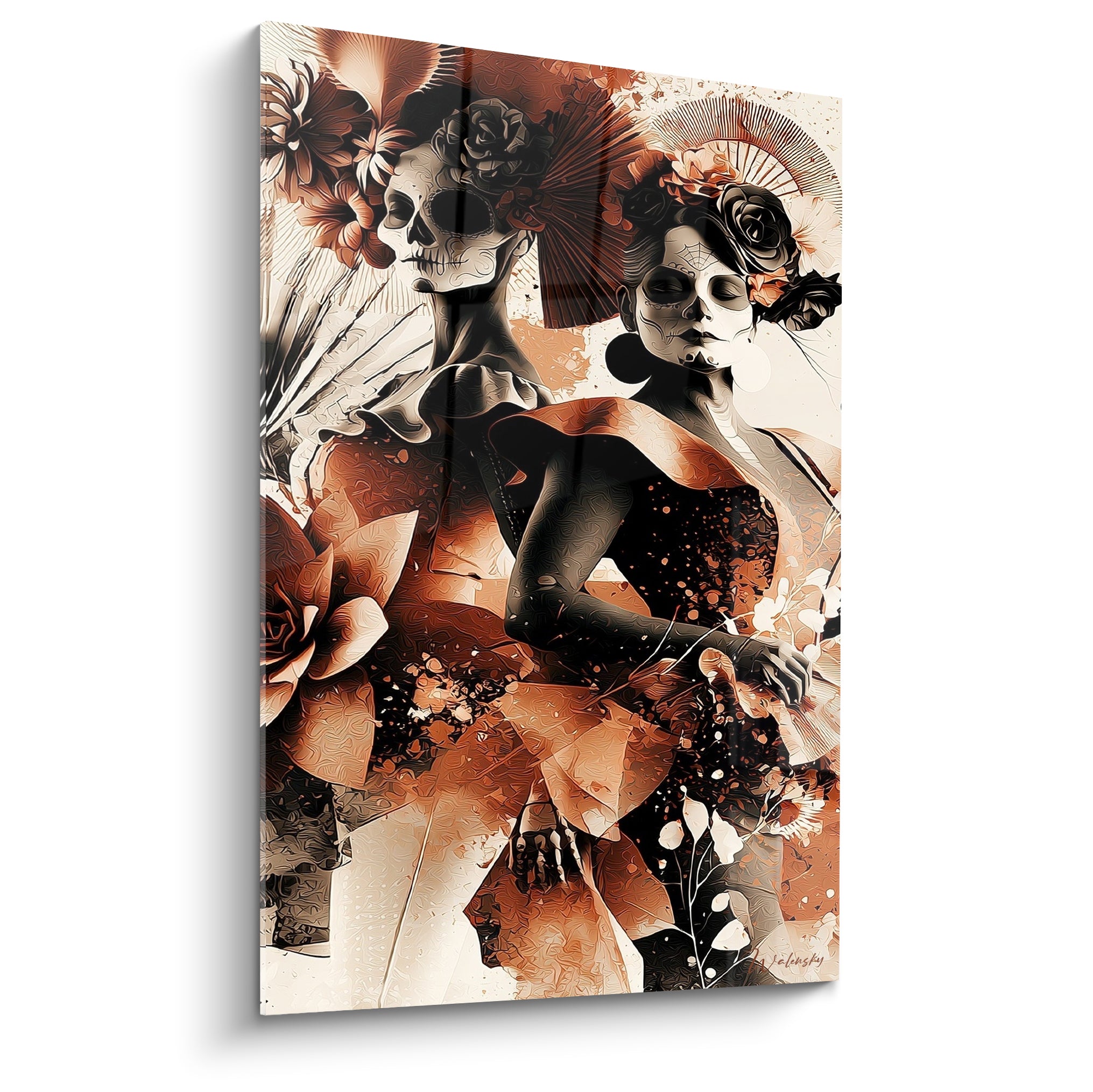 Catrinas terracotta et noir aux visages ornés de roses, style Dia de los Muertos graphique et dense