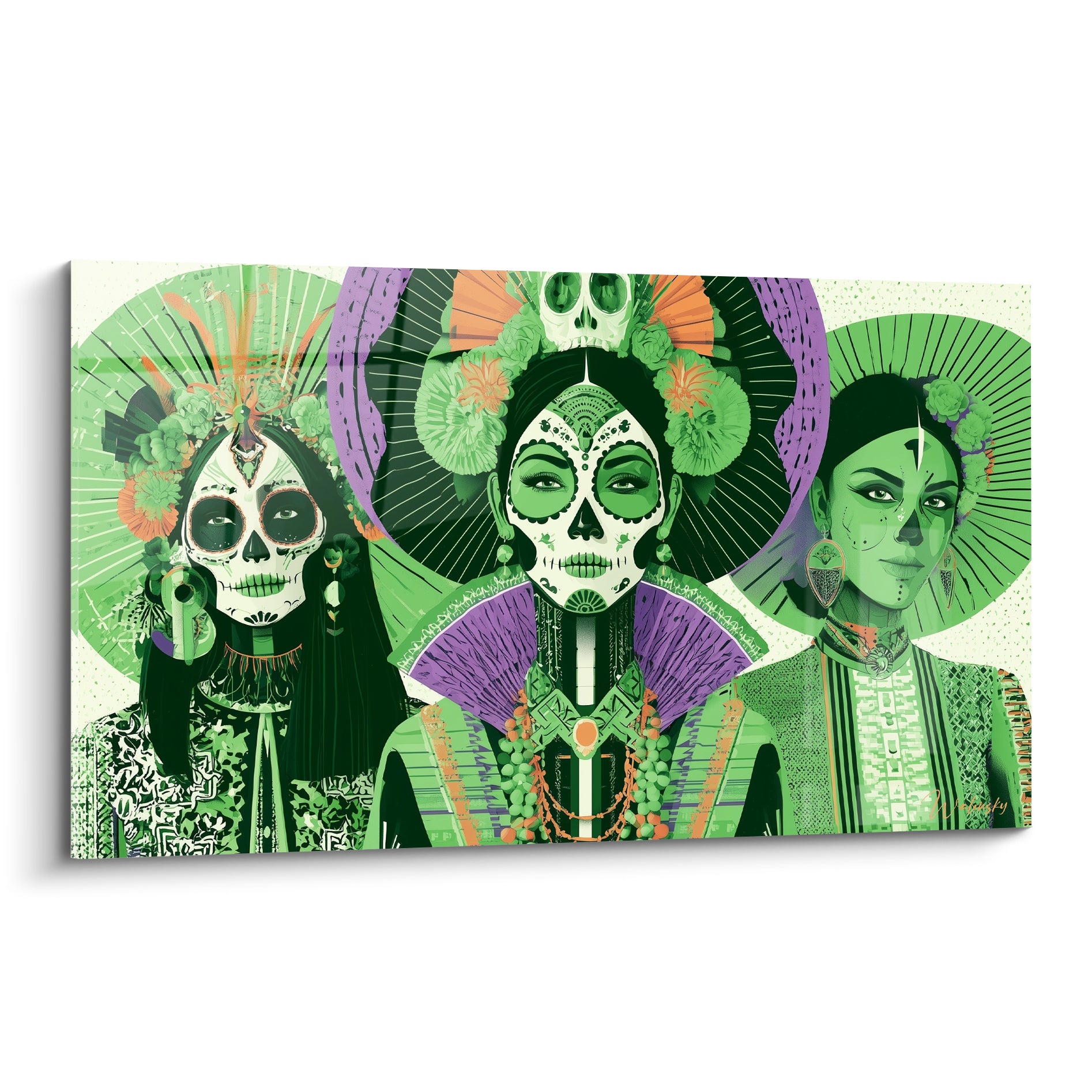 Trois Catrinas vert émeraude et violet, visages peints en crâne, motifs floraux sur fond clair