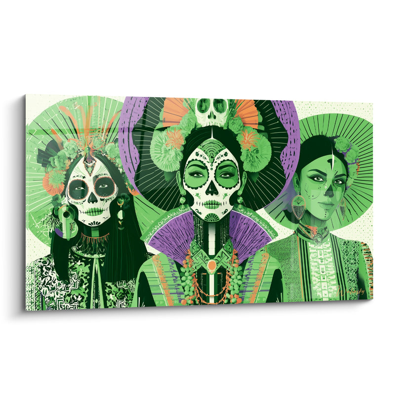 Tableau Trio de visages verts et violets aux éventails plissés - Colliers de perles superposés - Edition Dia de los Muertos